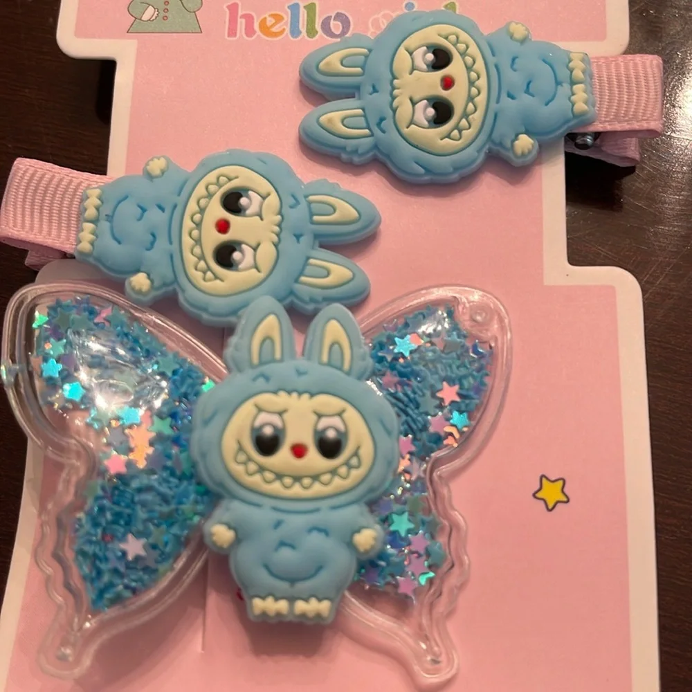 Blue cartoon labubu monsters Hair Clips Set for Kids